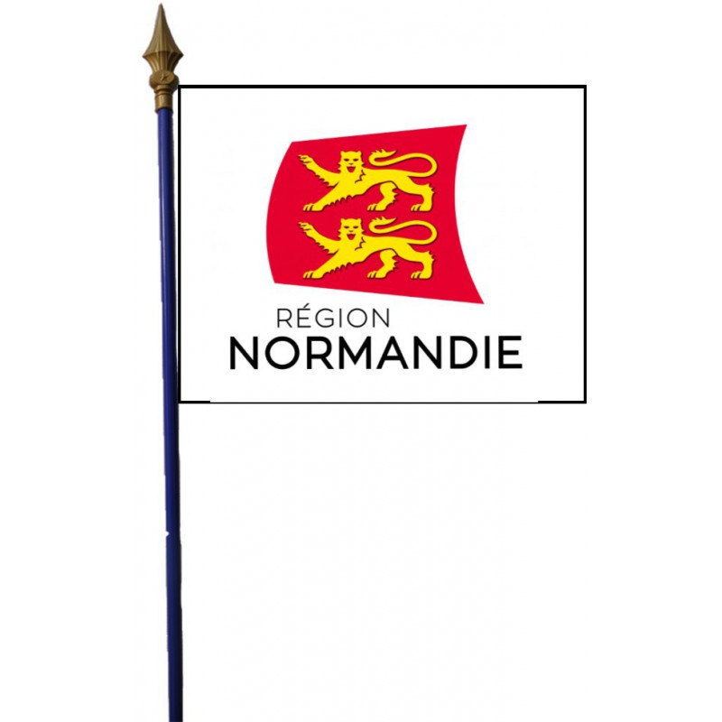 Drapeau REGION NORMANDIE en tissu cloue sur hampe bois bleue marine