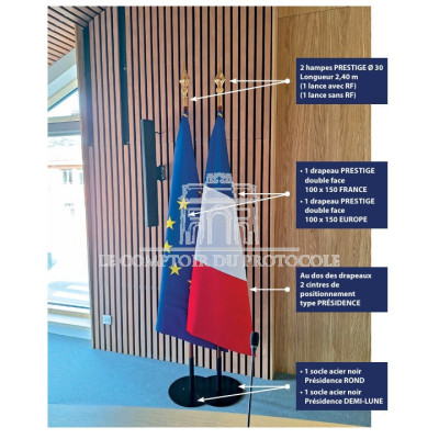 LOT DE 2 DRAPEAUX FRANCE ET EUROPE AVEC SOCLES METAL NOIR
